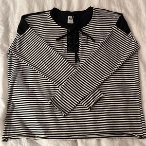 NSF striped black & white jersey, suede tie, 100% cotton